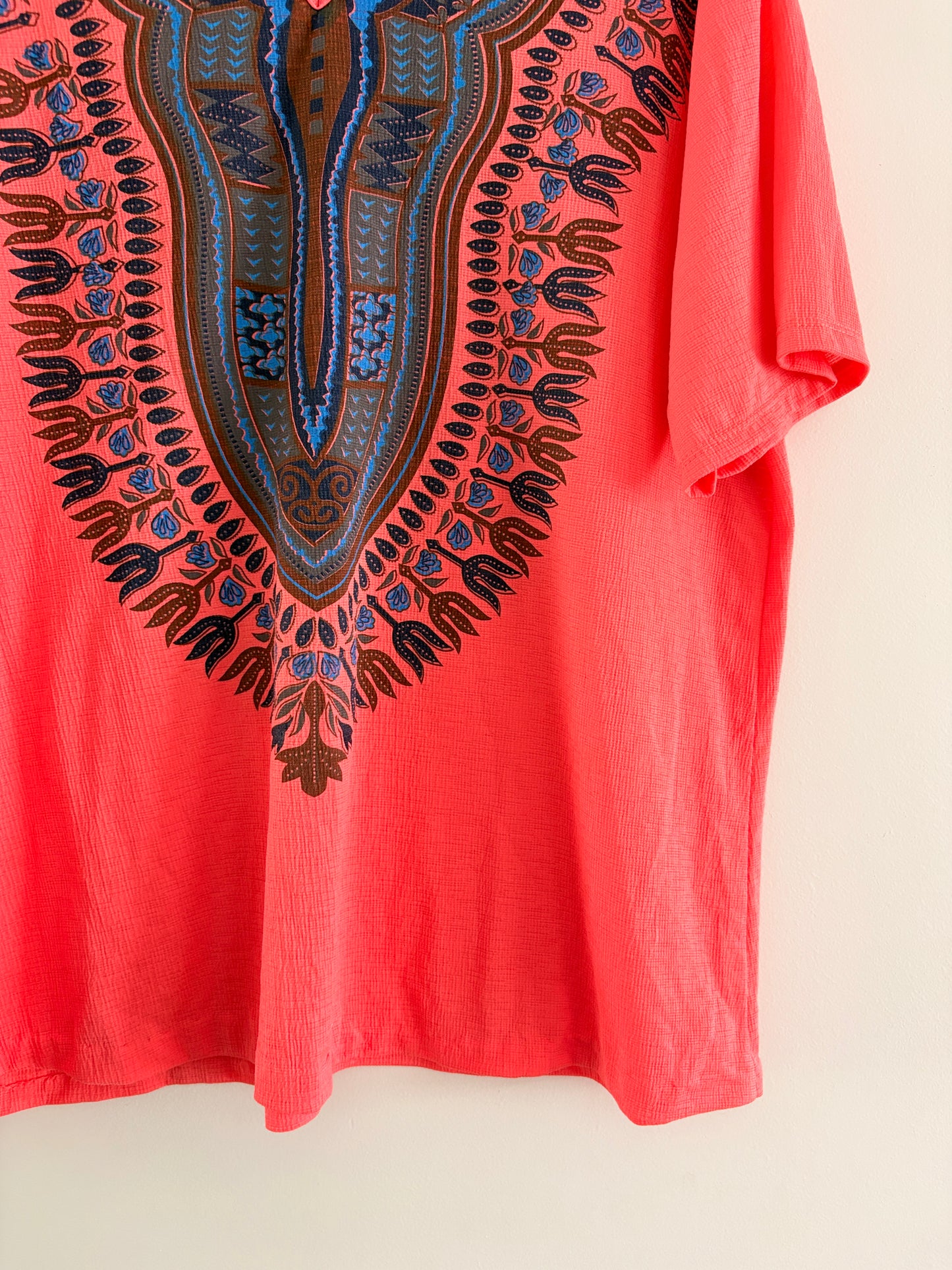 Top Dashiki Corail – Imprimé Ethnique Bleu & Brun Style Boho taille L