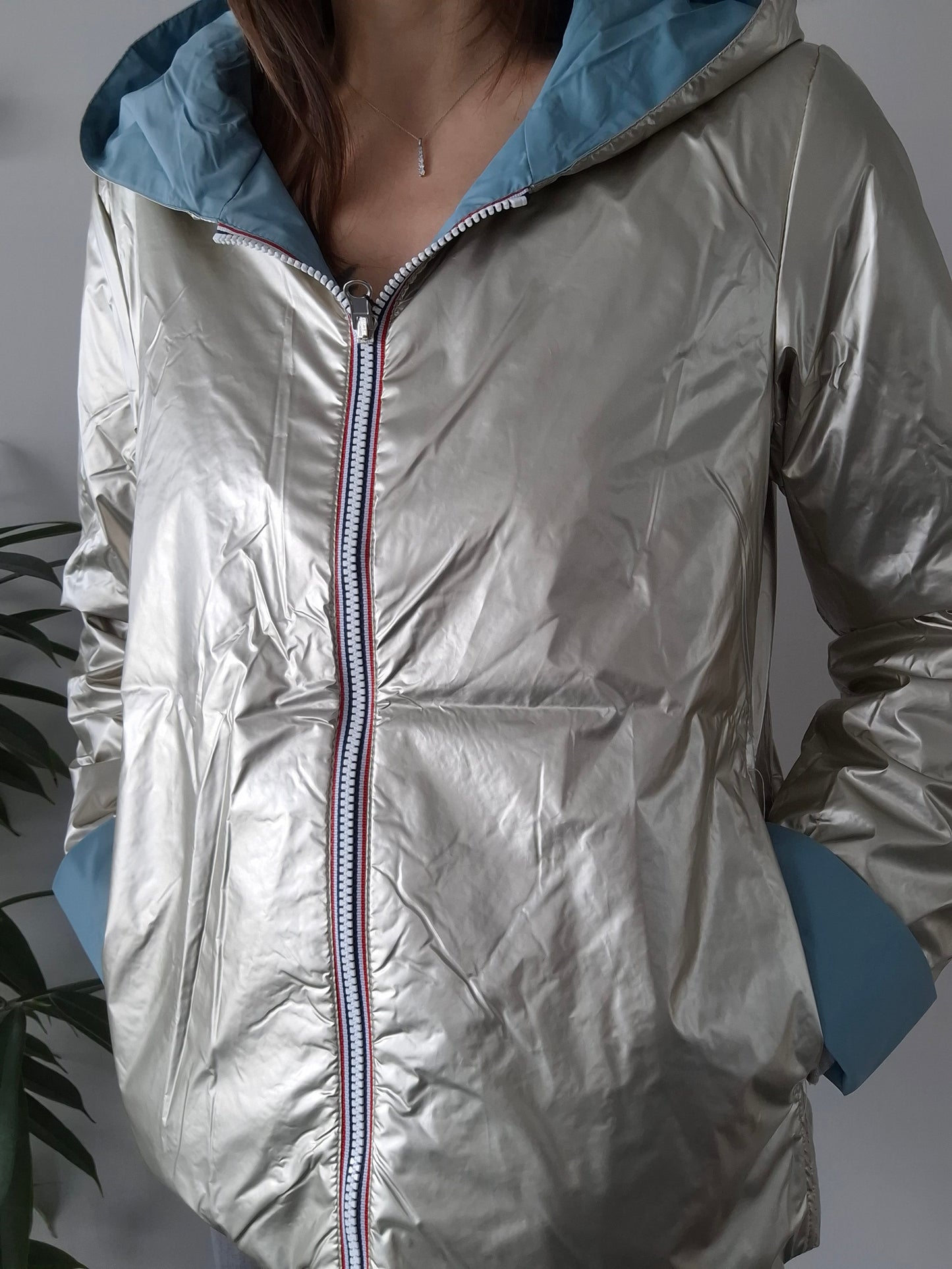Laura Jo - Imperméable réversible court garnissage ouate mi-saison bleu ciel/doré