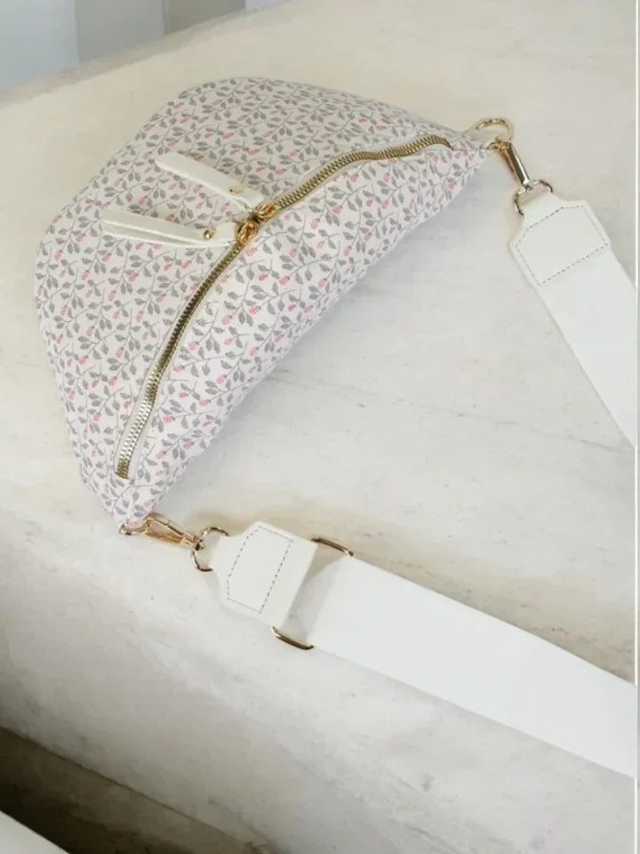 Sac banane en tissu coton liberty blanc motif floral tons rose et gris