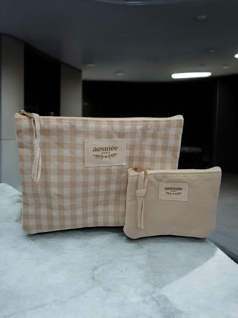 Pochette et trousse en coton vichy motifs à carreaux beige et crème