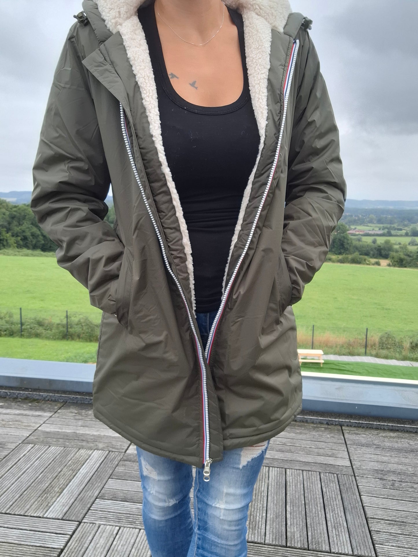 Laura Jo - Imperméable fourré long fausse fourrure kaki intérieur sherpa beige