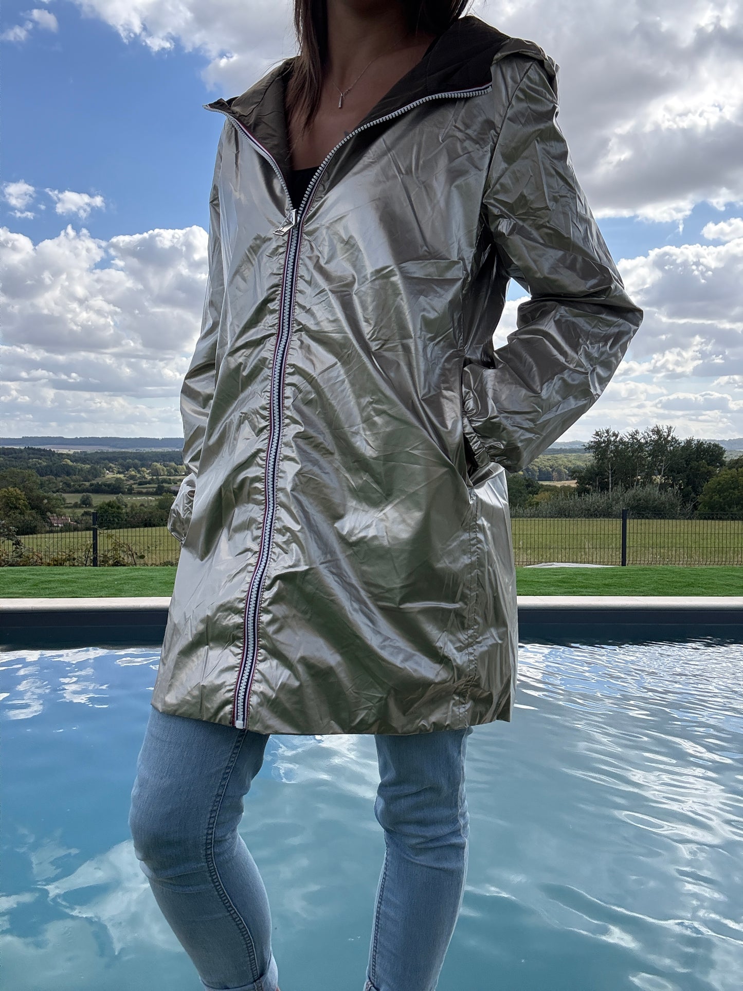 Melya Melody - Manteau léger long réversible imperméable noir doré Curvy
