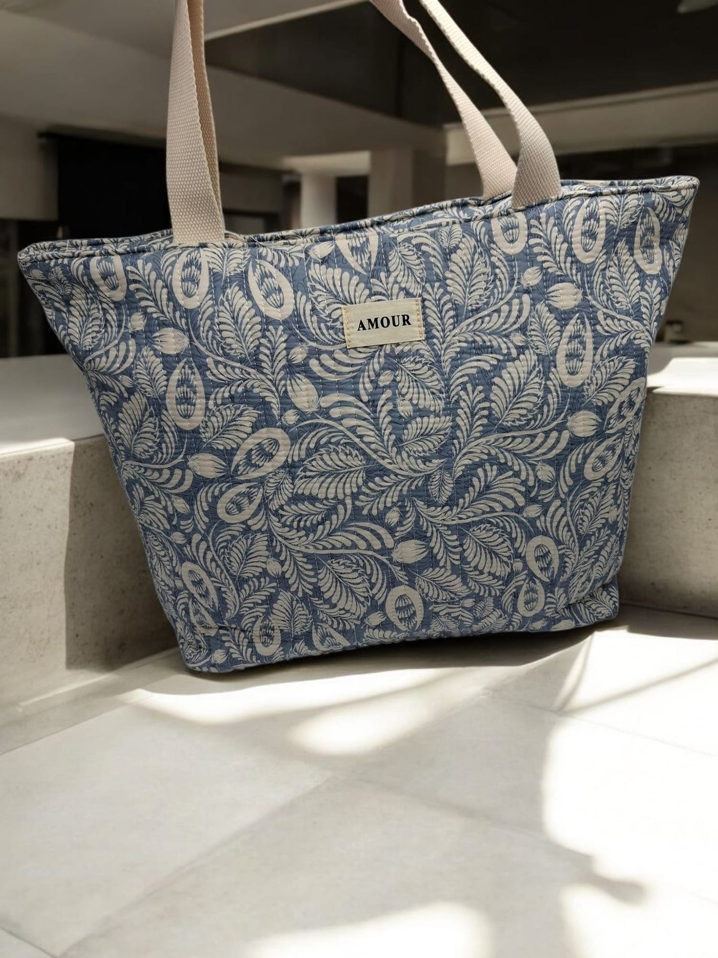 Sac cabas porté épaule coton imprimé toile de jouy feuilles bleues creme