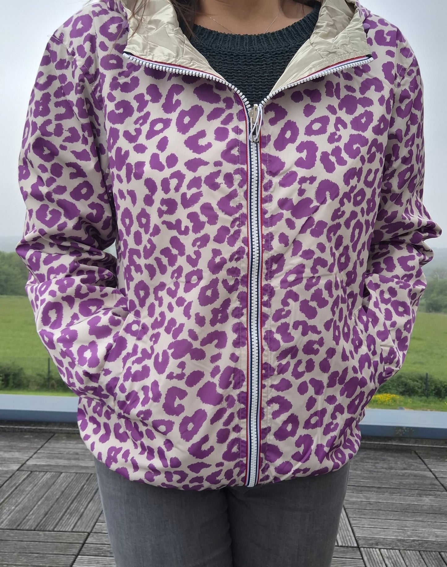 Escandelle - Parka imperméable courte Léopard violet réversible doré
