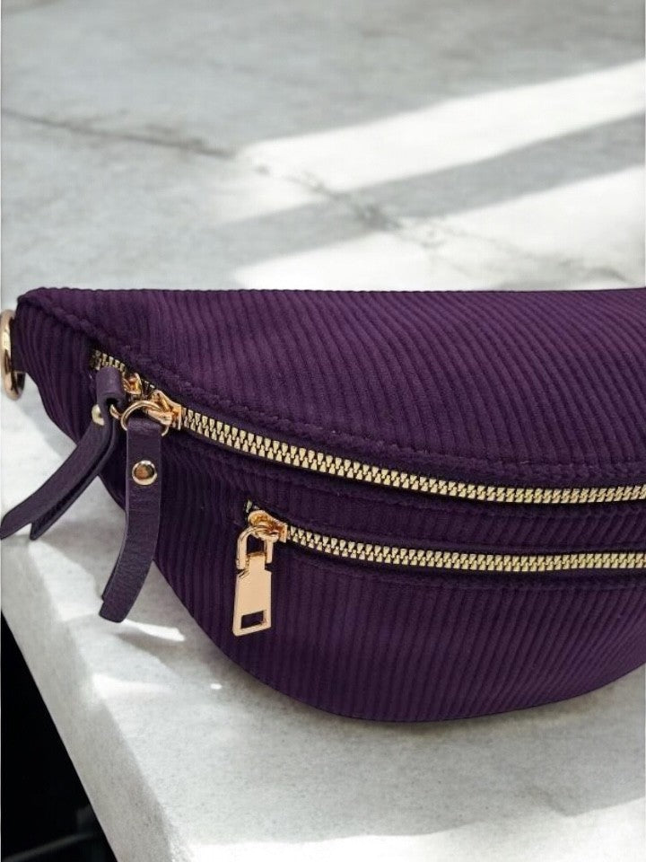 Sac banane velours côtelé 2 poches violet sangle fantaisie