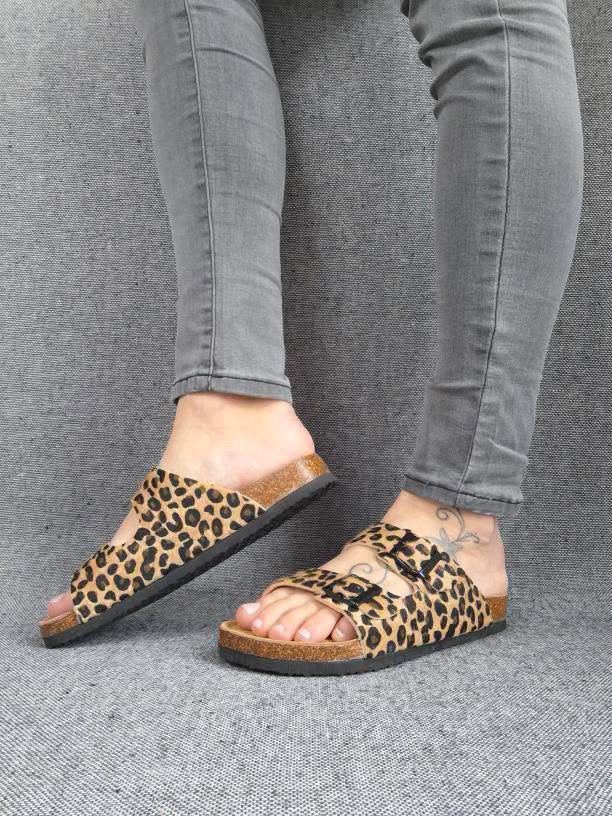 Chaussures sandales intérieur cuir motif léopard style Birk