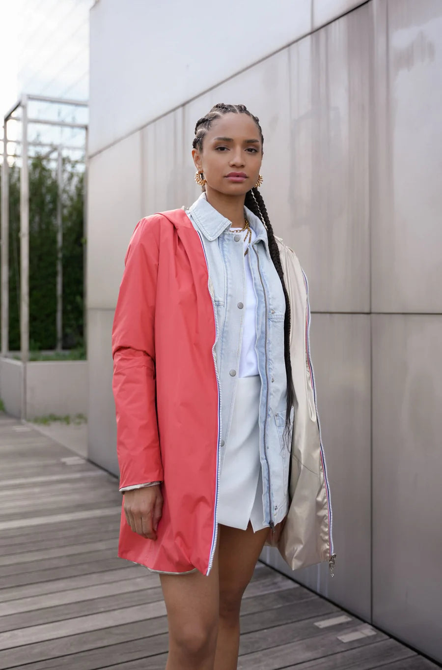 Laura Jo - Imperméable réversible long sans garnissage ouate couleur corail/doré