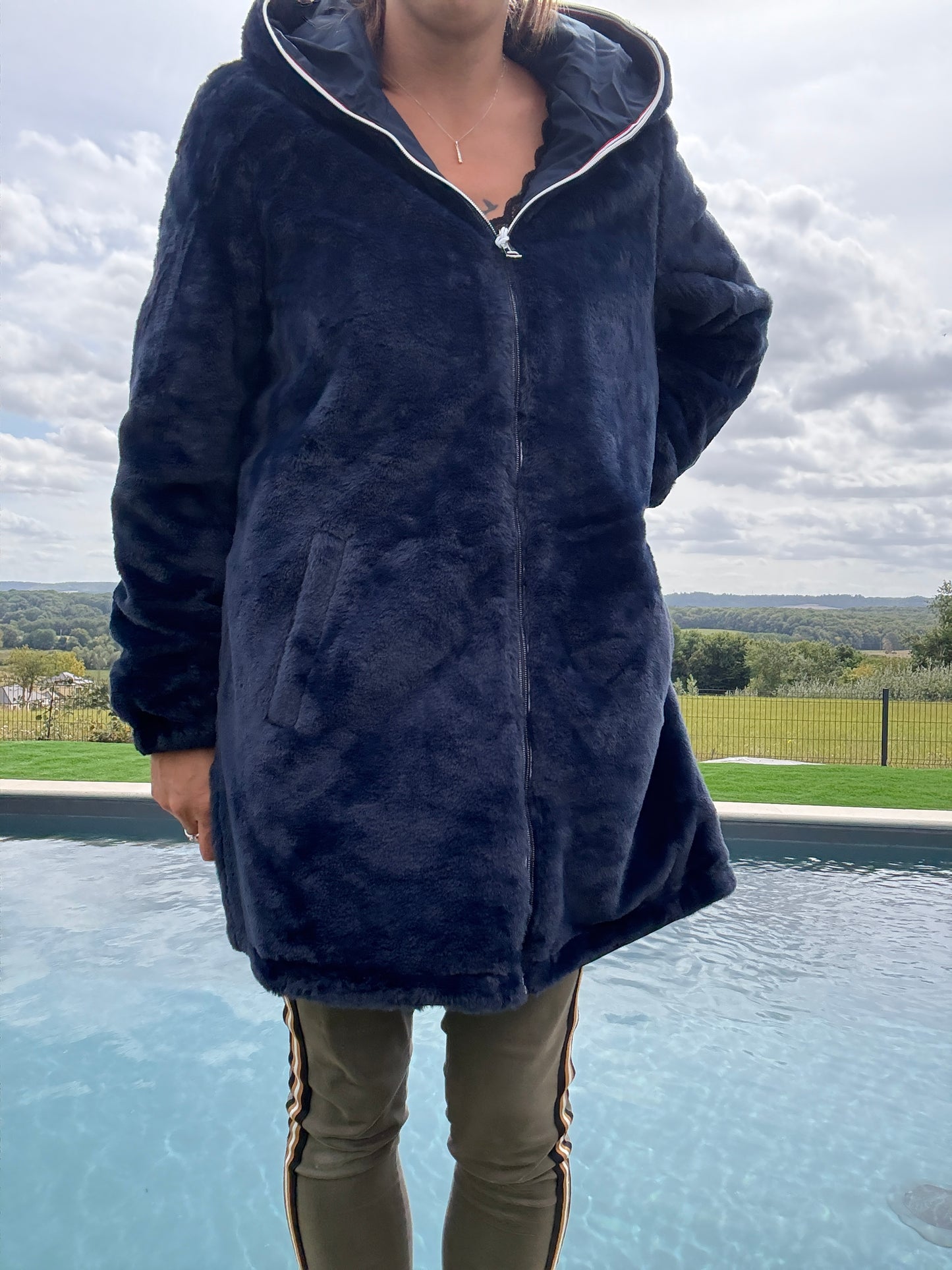 New Lolo - Manteau long bleu marine réversible imperméable fourré fausse fourrure - Curvy