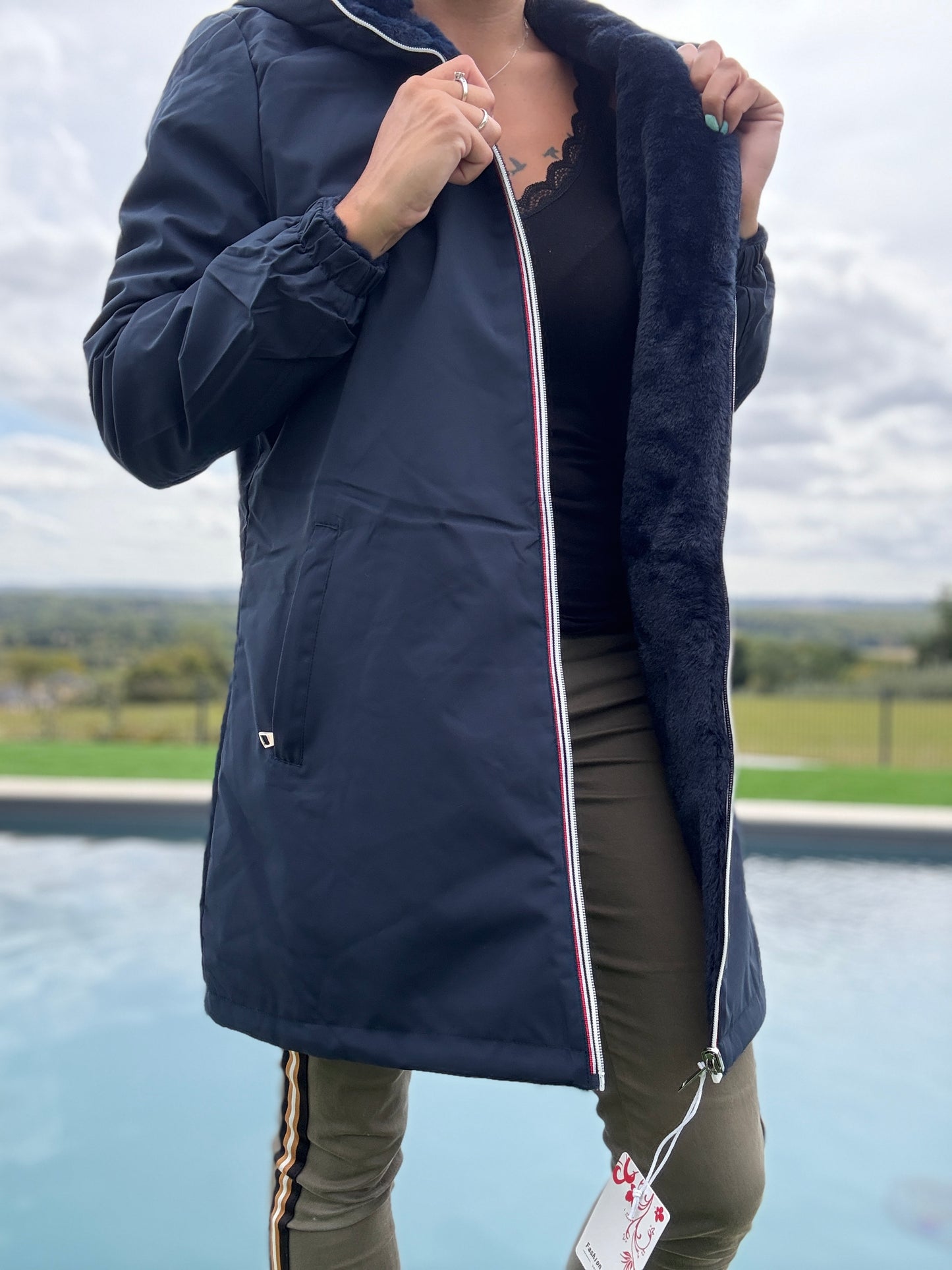 New Lolo - Manteau long bleu marine réversible imperméable fourré fausse fourrure - Curvy