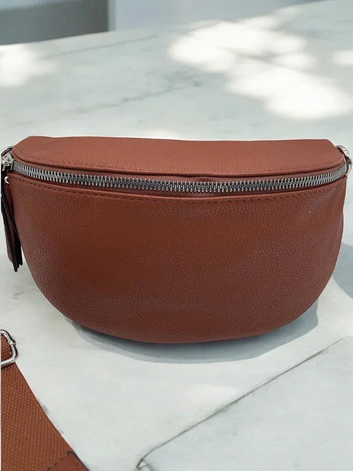 Sac banane simili cuir marron double fermeture