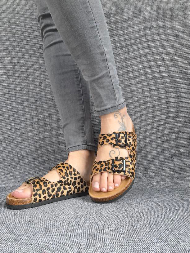 Chaussures sandales intérieur cuir motif léopard style Birk