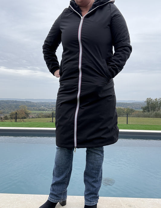 New Lolo - Manteau chaud long hauteur genoux noir fourré complet réversible imperméable