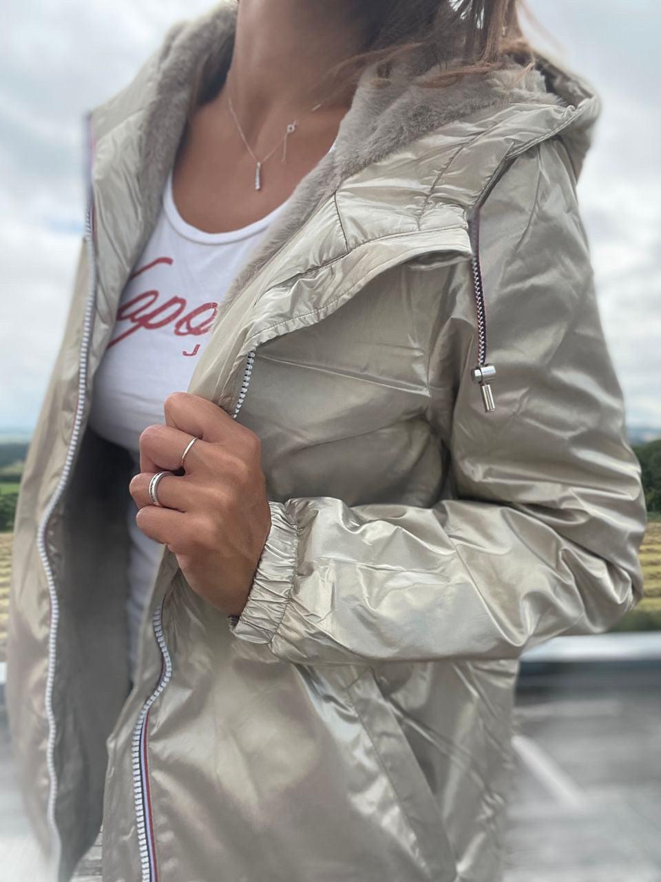 Laura Jo - Imperméable mi long doublé en fausse fourrure cordon tricolore couleur doré