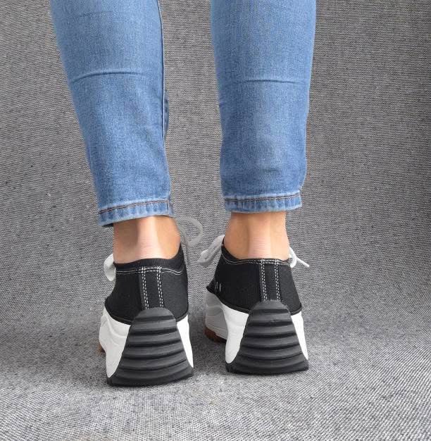 Chaussures baskets basses plate-forme toile noir et blanc