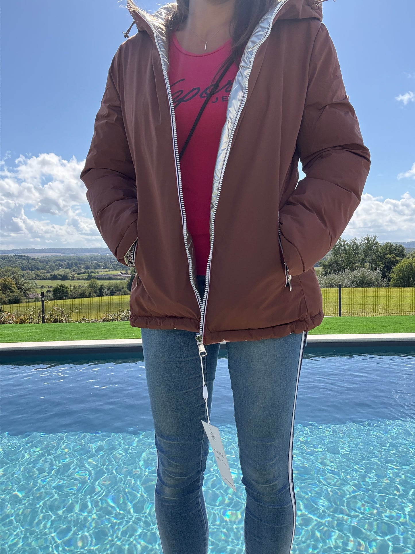 Melya Melody - Manteau court réversible et imperméable matelassé marron chocolat/doré