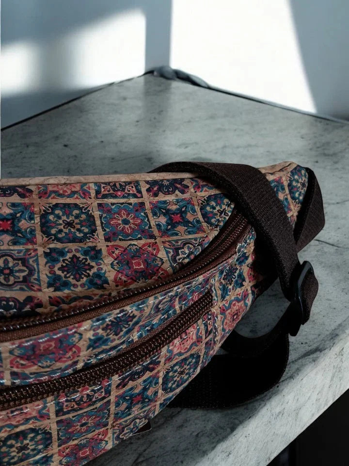 Patterned sac banane with floral mosaic design on marble table, Le Petit Placard accessories