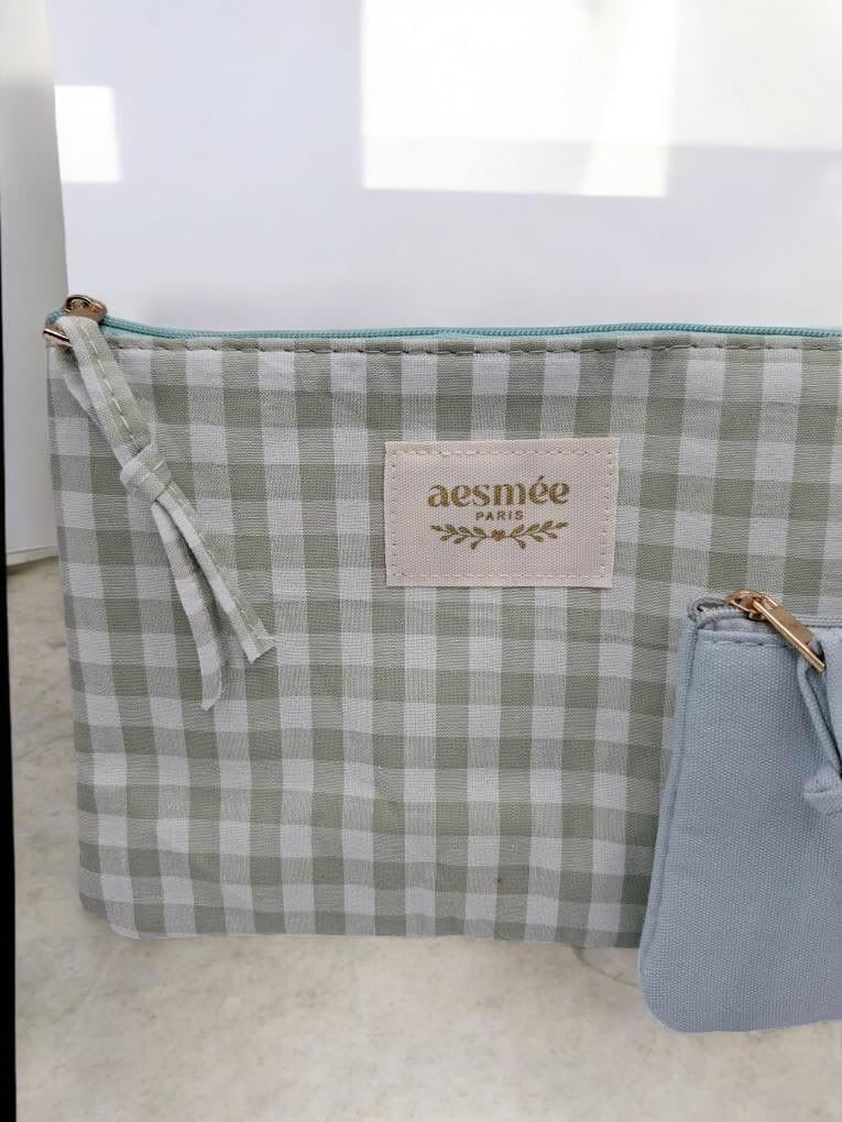 Pochette et trousse en coton vichy motifs à carreaux vert d'eau beige