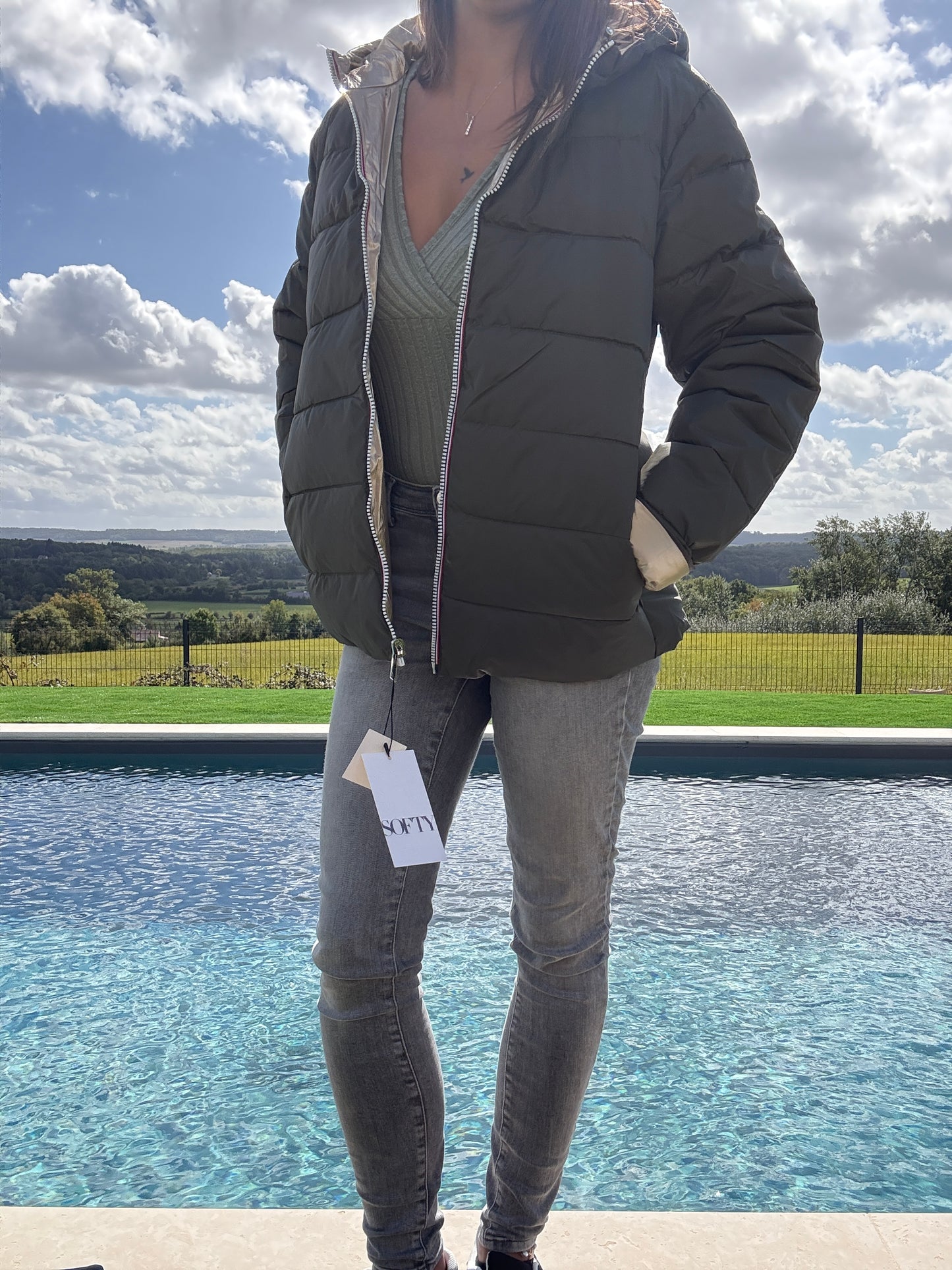 Doudoune manteau imperméable court réversible matelassé kaki doré