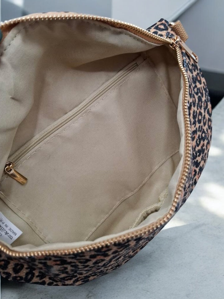Sac banane camel matelassé en coton gaufré motif léopard