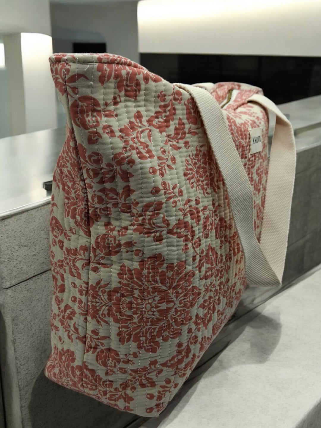 Sac cabas porté épaule en coton liberty fleuri corail crème