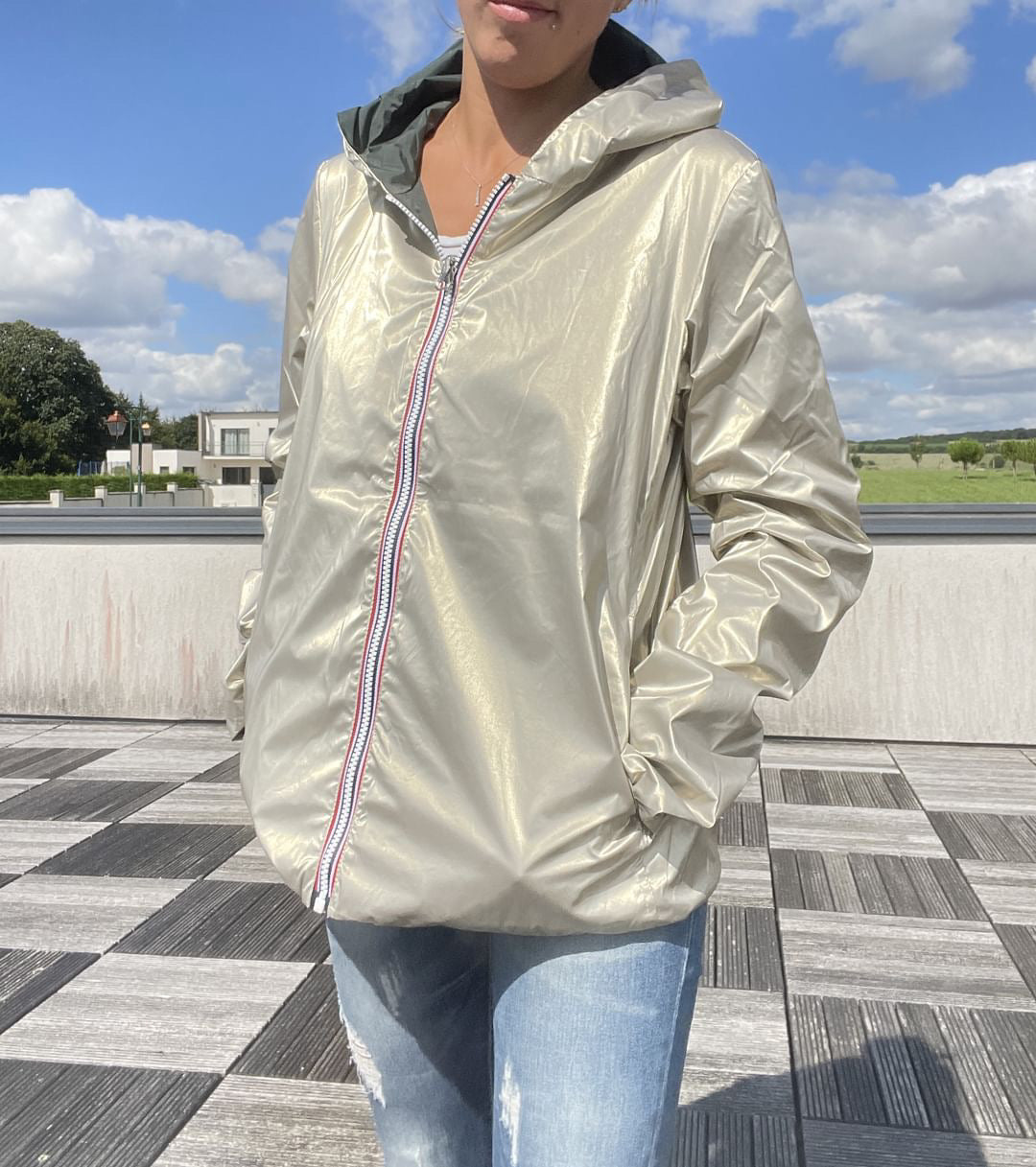 Laura Jo - Imperméable réversible court sans garnissage ouate couleur vert forêt/doré