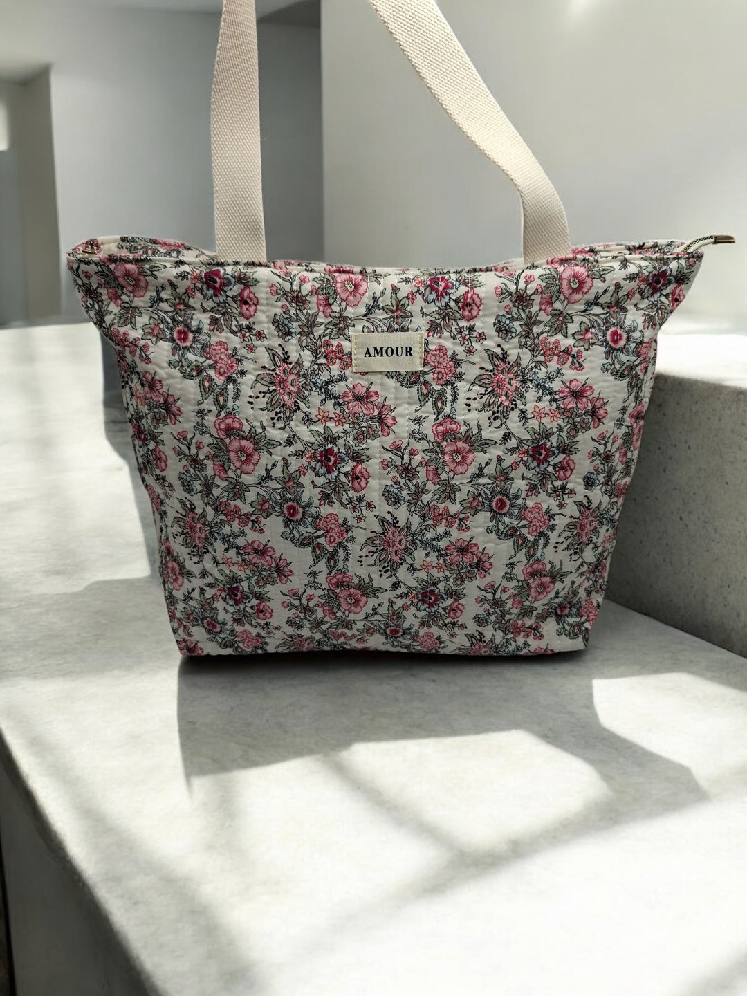 Sac cabas porté épaule en coton liberty fleuri noir rose crème