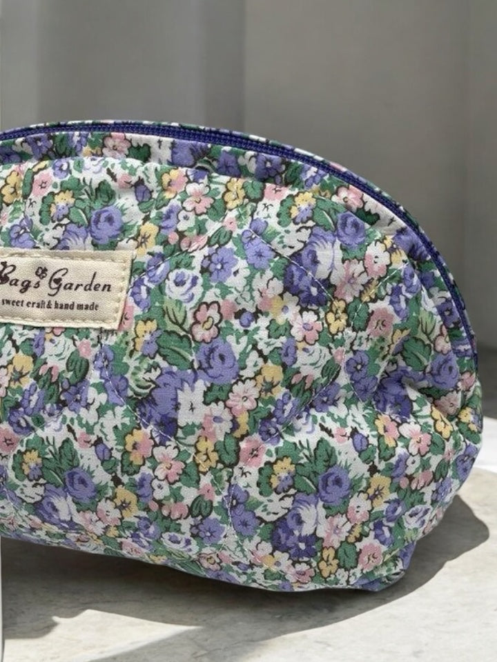 Trousse de toilette maquillage coton matelassé liberty violet parme et vert
