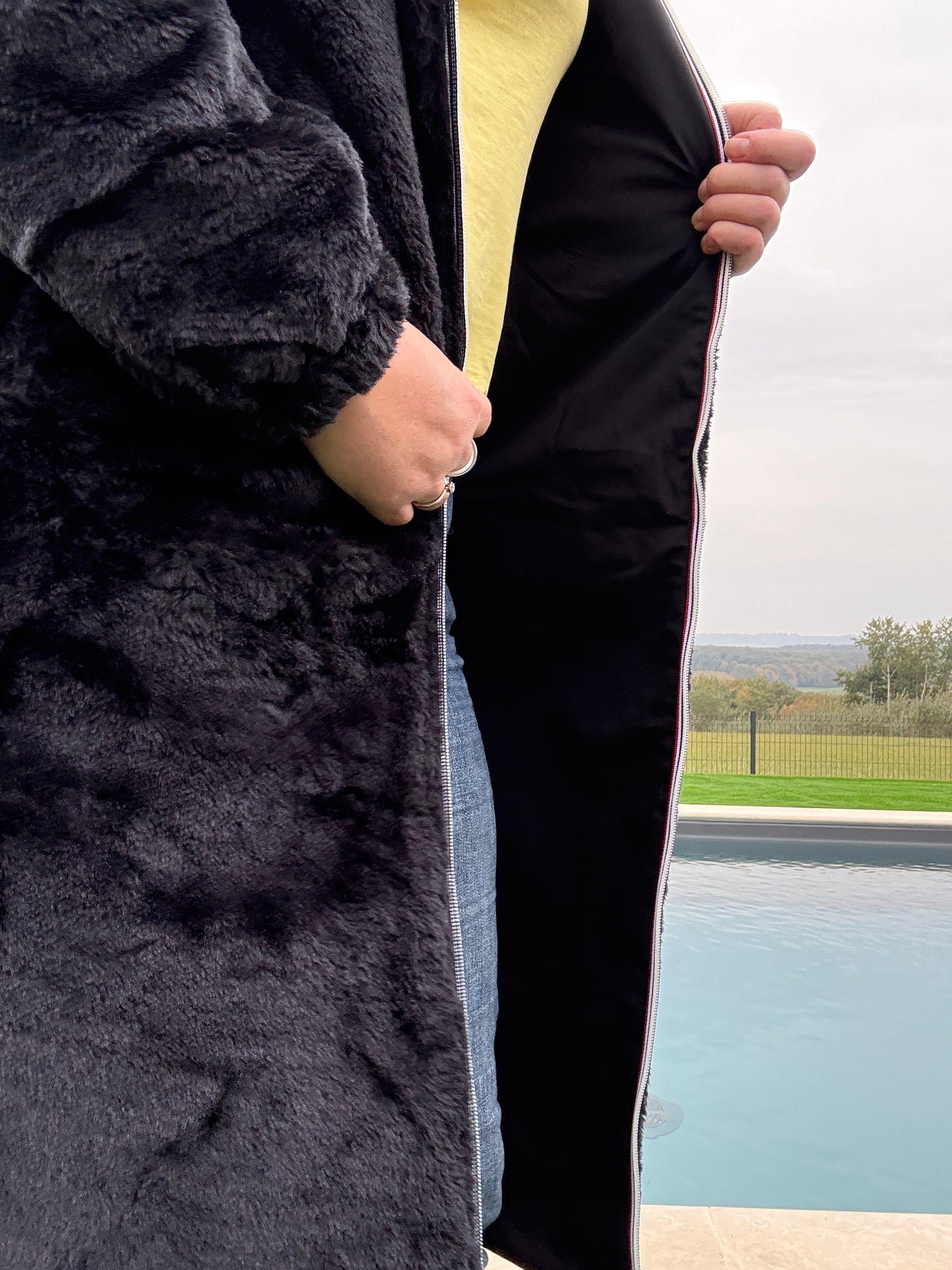 New Lolo - Manteau chaud long hauteur genoux noir fourré complet réversible imperméable