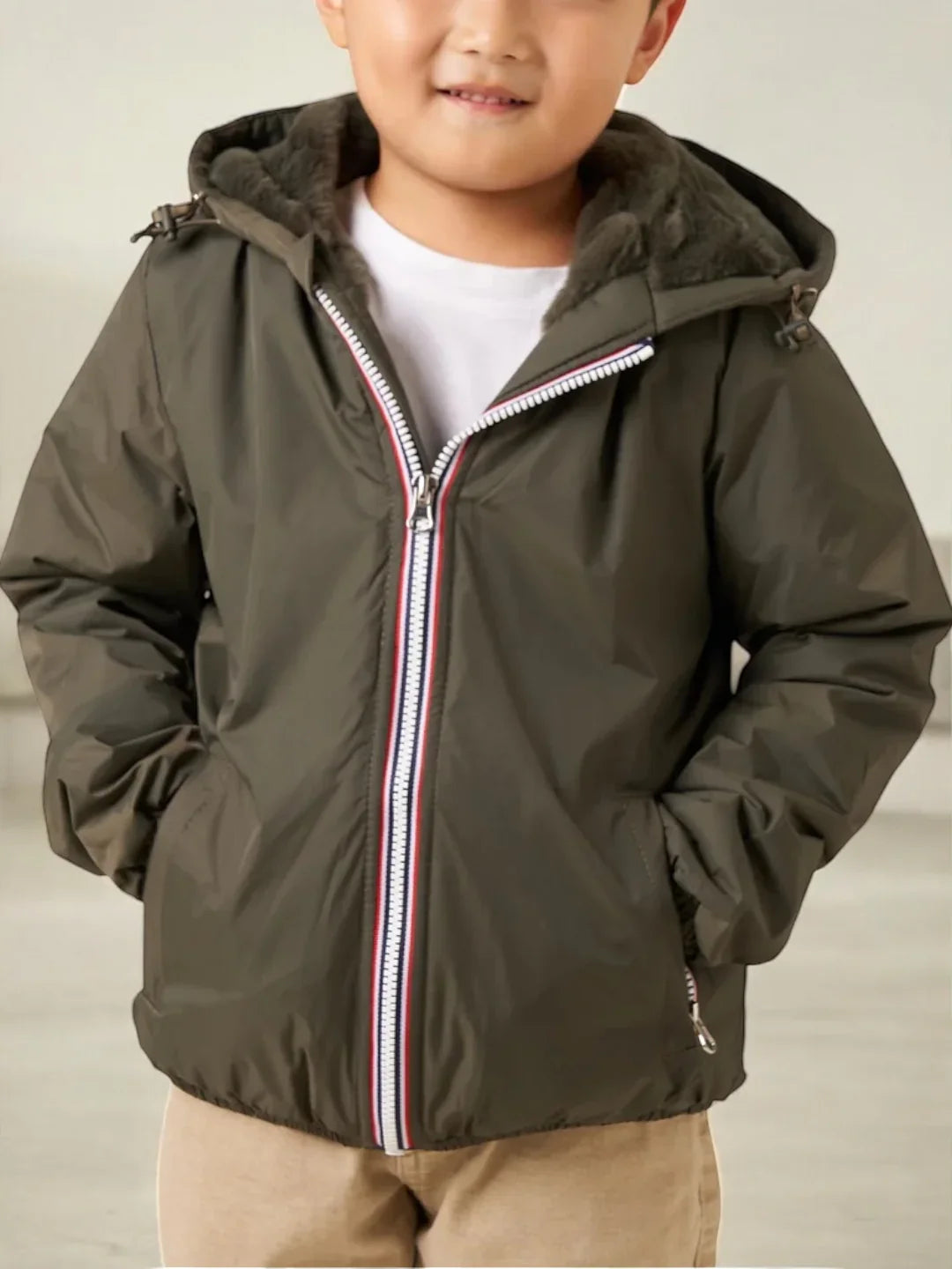 Laura Jo - ENFANT (Mixte) Imperméable court doublé en fausse fourrure kaki