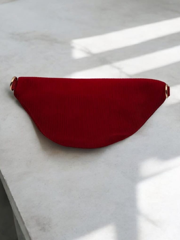 Sac banane velours côtelé 2 poches rouge sangle fantaisie