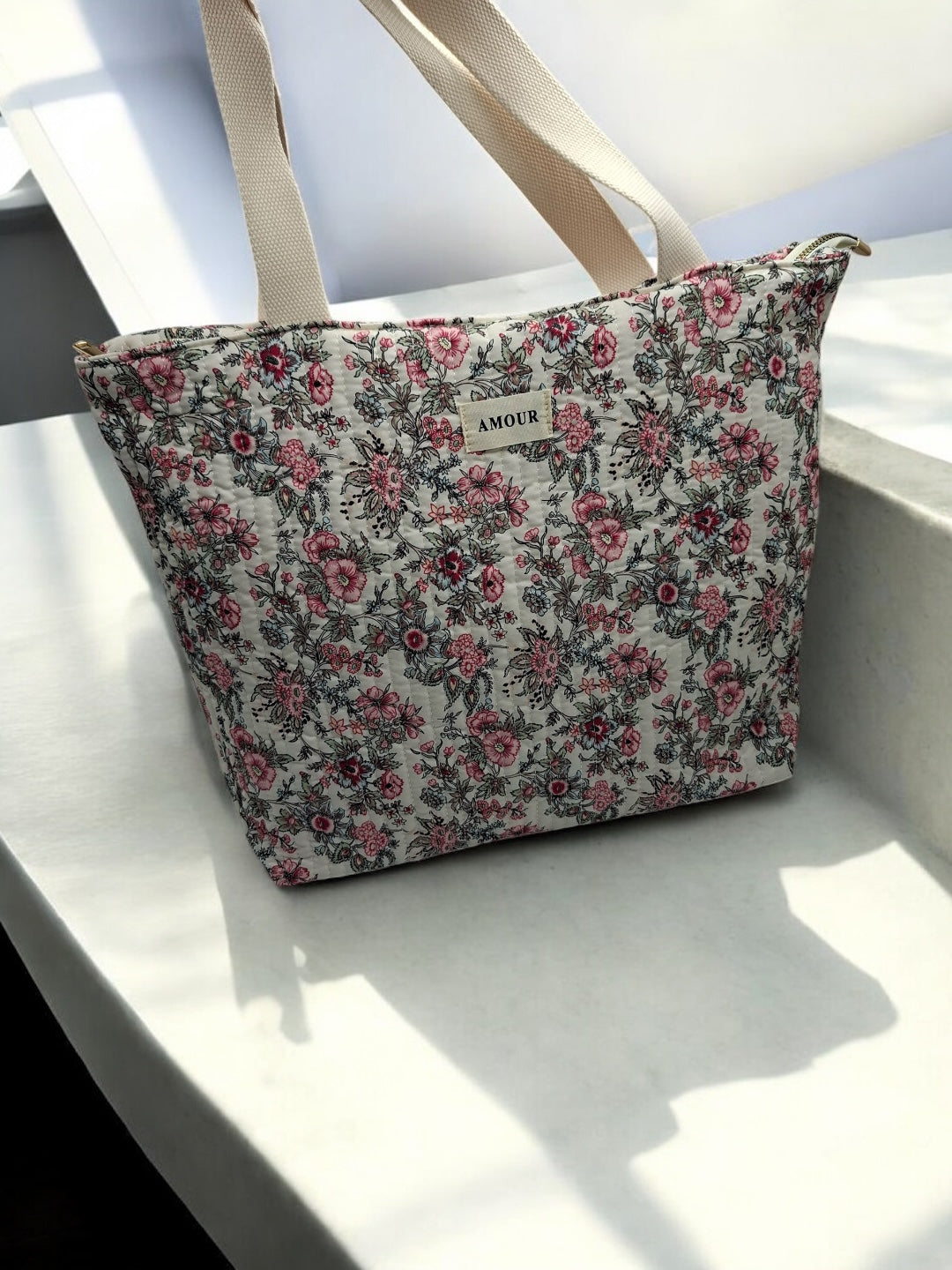 Sac cabas porté épaule en coton liberty fleuri noir rose crème