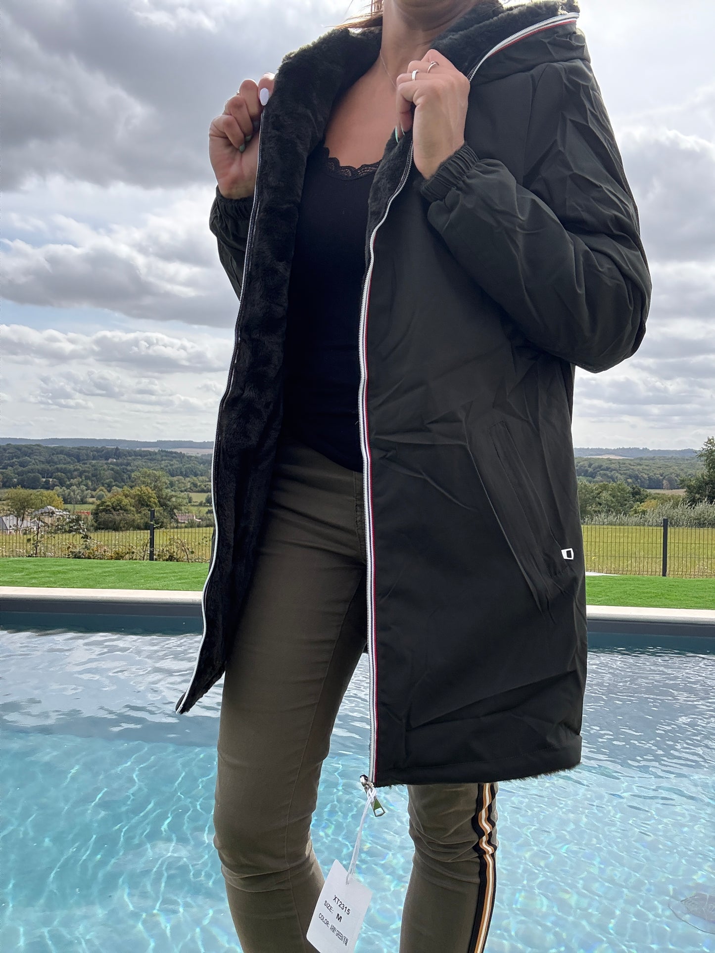 New Lolo - Manteau long kaki réversible imperméable fourré fausse fourrure