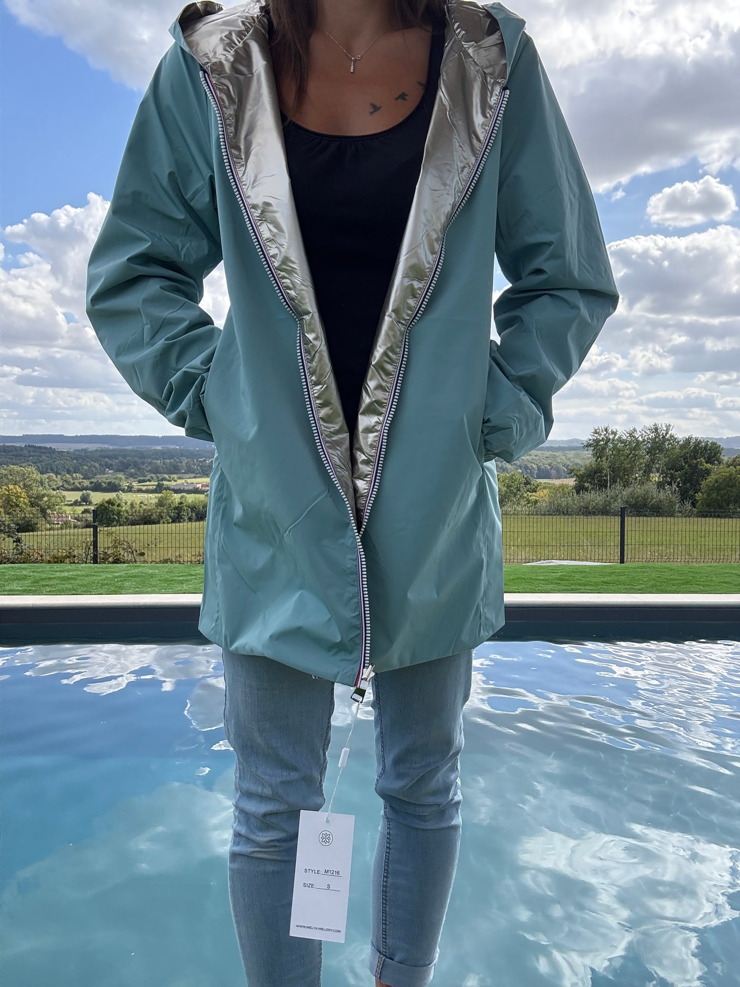 Melya Melody - Imperméable réversible mi-long sans garnissage ouate couleur bleu ciel/doré