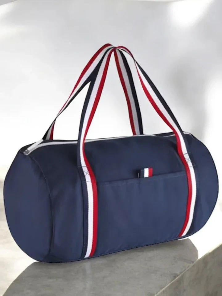 Sac polochon en tissu coton léger bleu marine détails rayés tricolores
