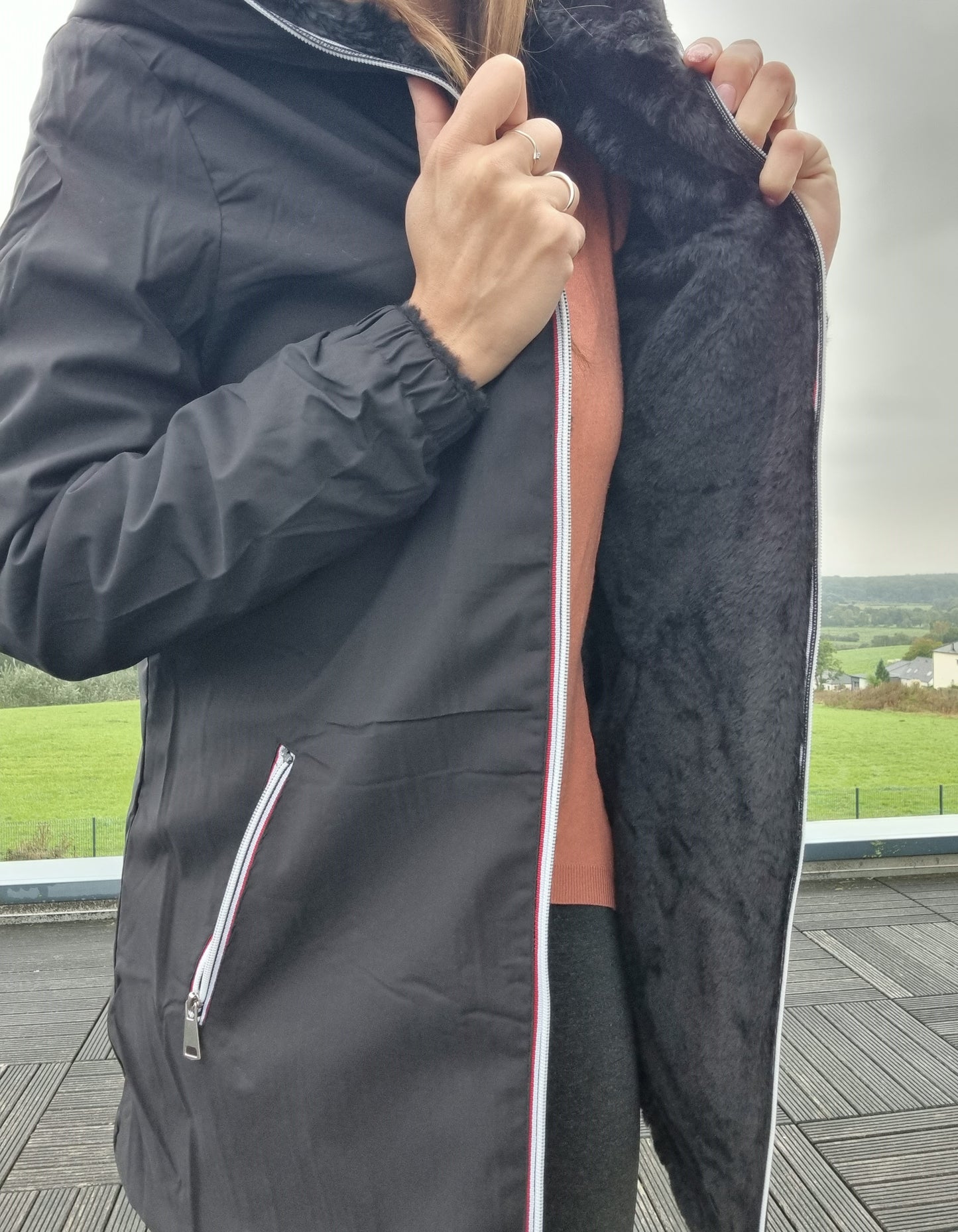 New Lolo - Manteau long NOIR réversible, imperméable et complètement fourré non resserrable à la taille