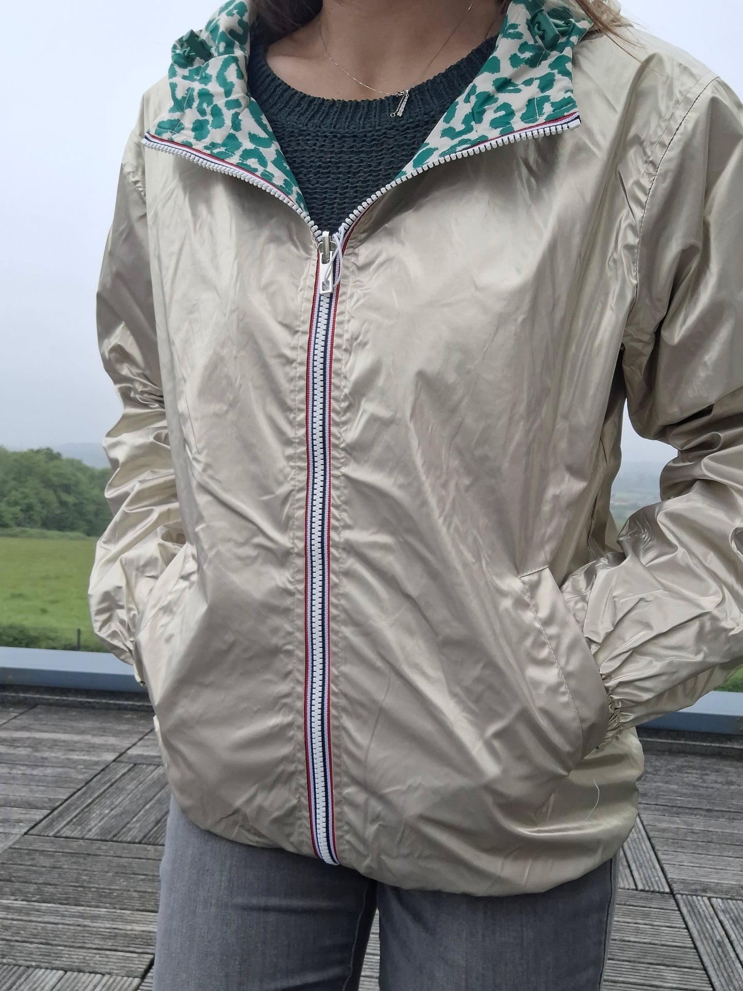 Escandelle - Parka imperméable courte Léopard vert réversible doré