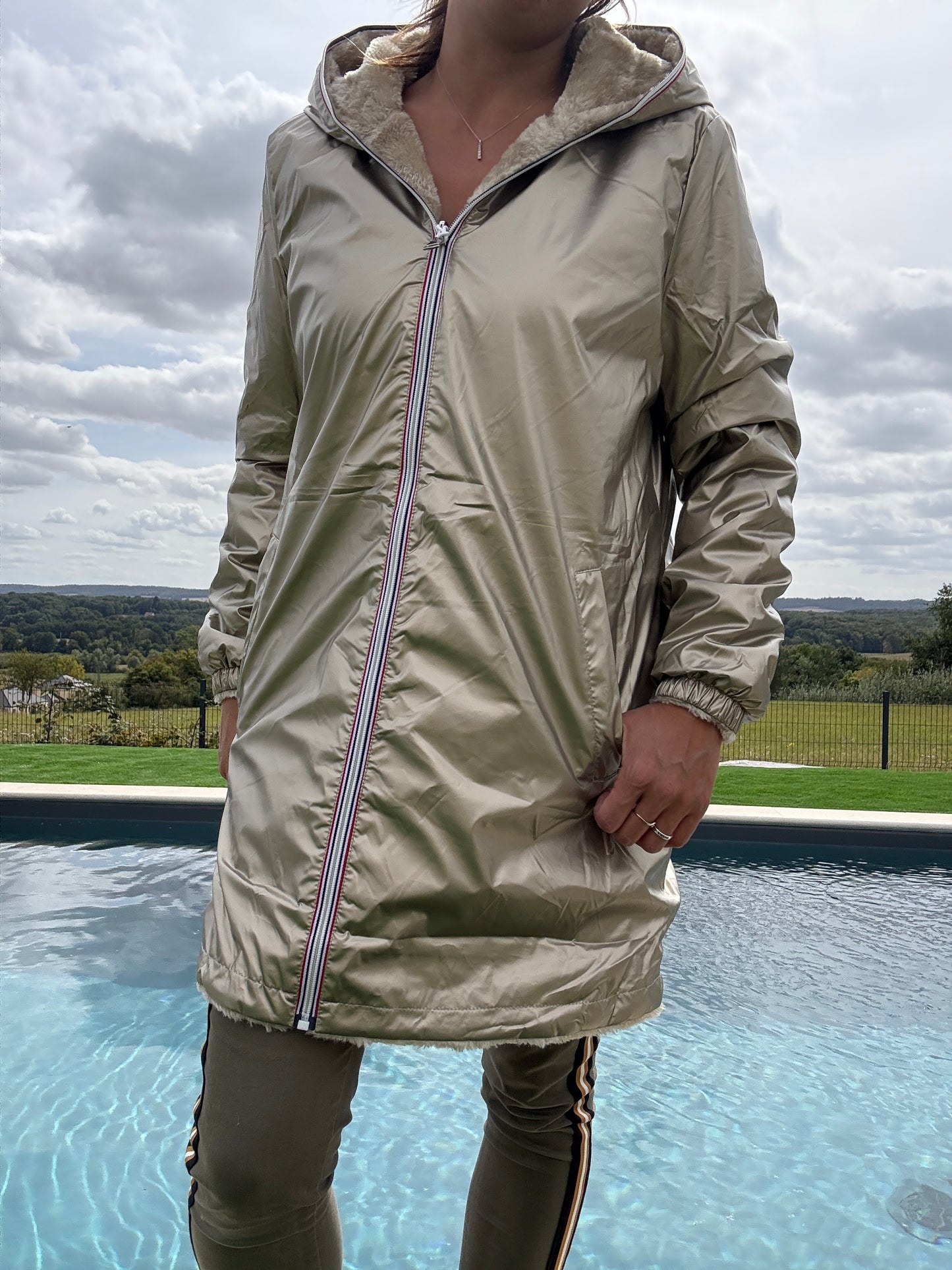 New Lolo - Manteau long doré réversible imperméable fourré fausse fourrure - Curvy