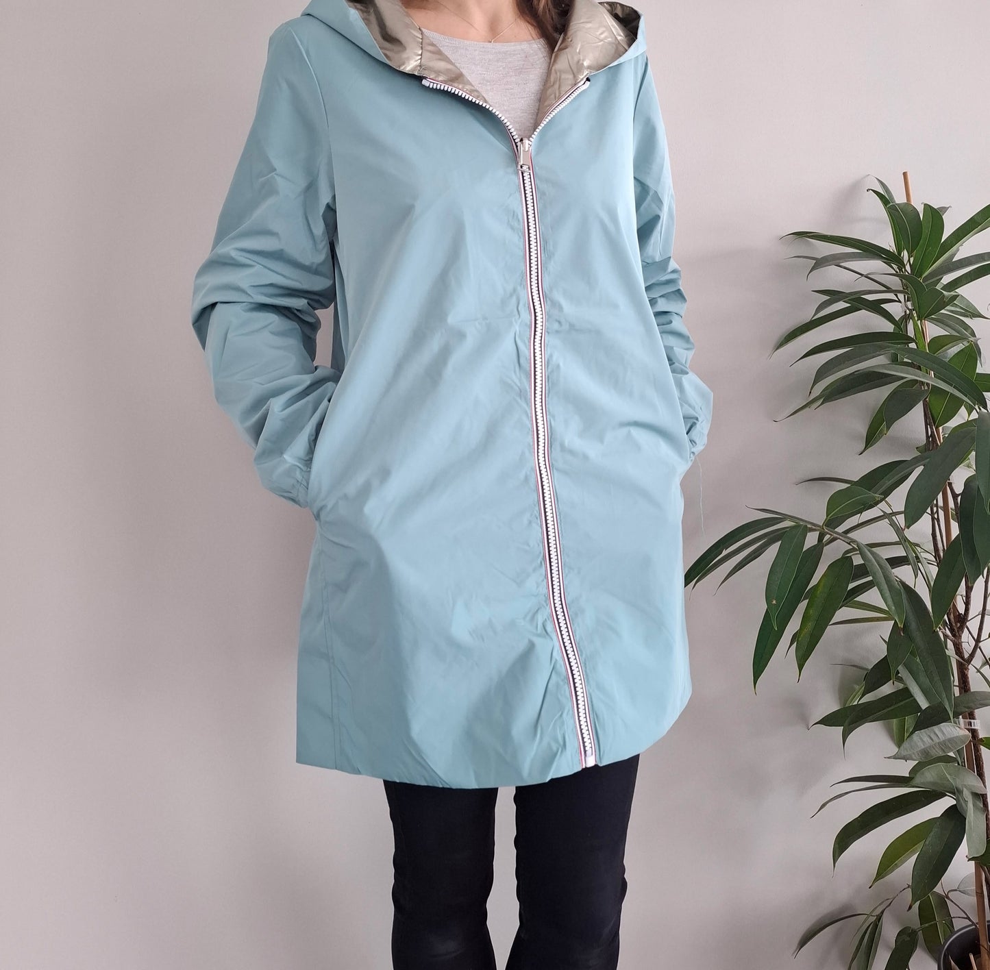 Melya Melody - Imperméable réversible mi-long sans garnissage ouate couleur bleu ciel/doré