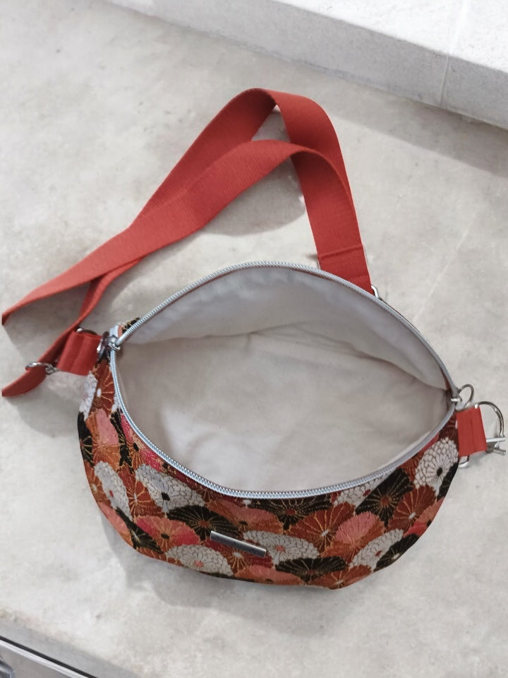 Sac banane en tissu motifs éventails écru et cuivre fait main