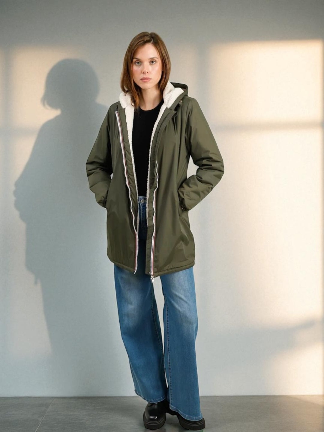 Laura Jo - Imperméable fourré long fausse fourrure kaki intérieur sherpa beige