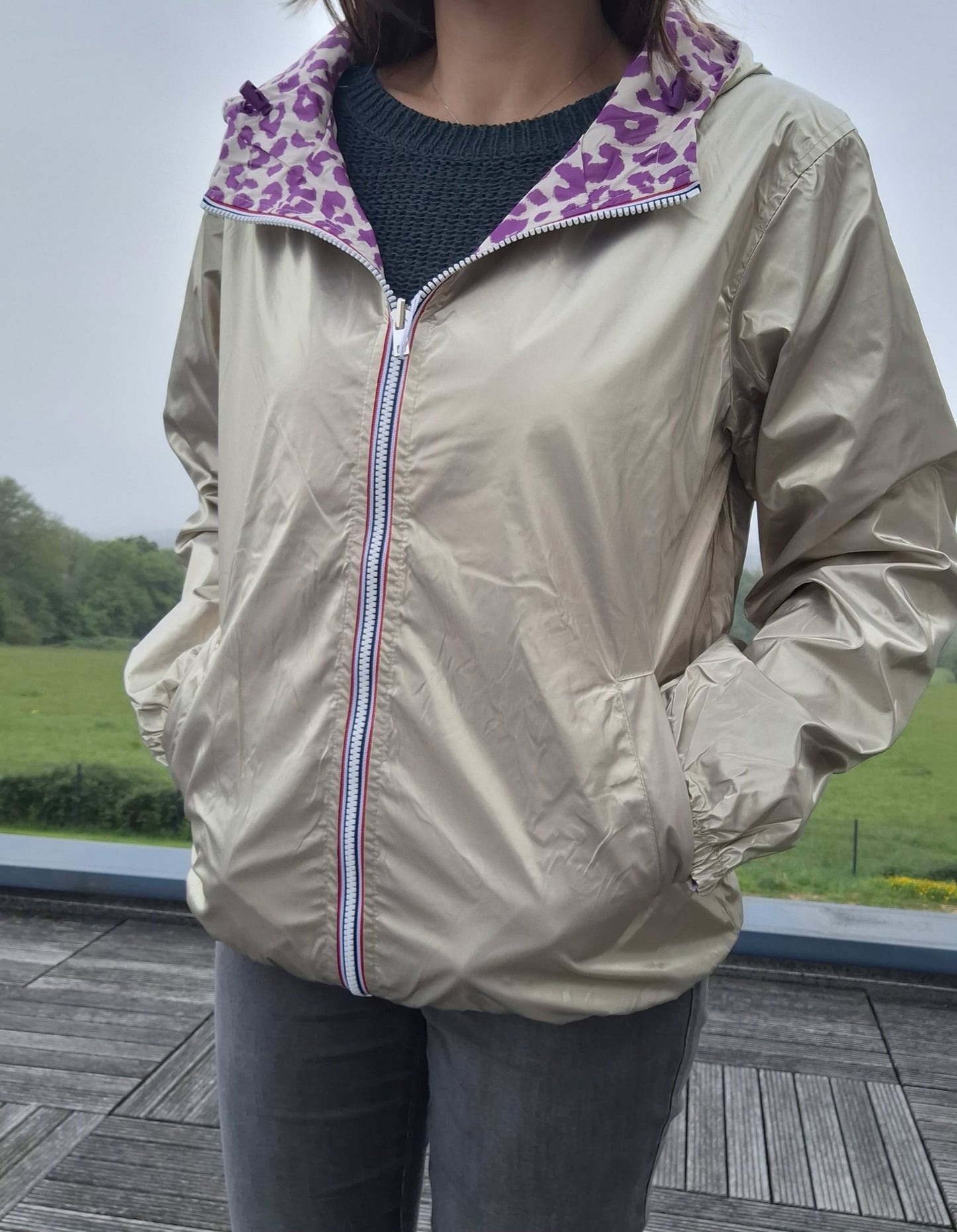 Escandelle - Parka imperméable courte Léopard violet réversible doré
