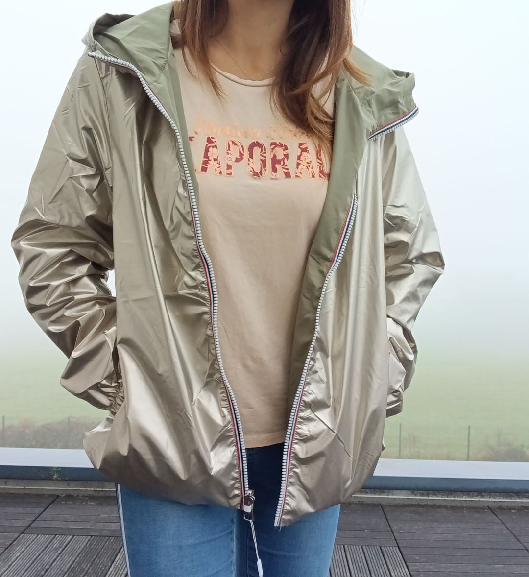 Melya Melody - Manteau court léger imperméable kaki réversible doré