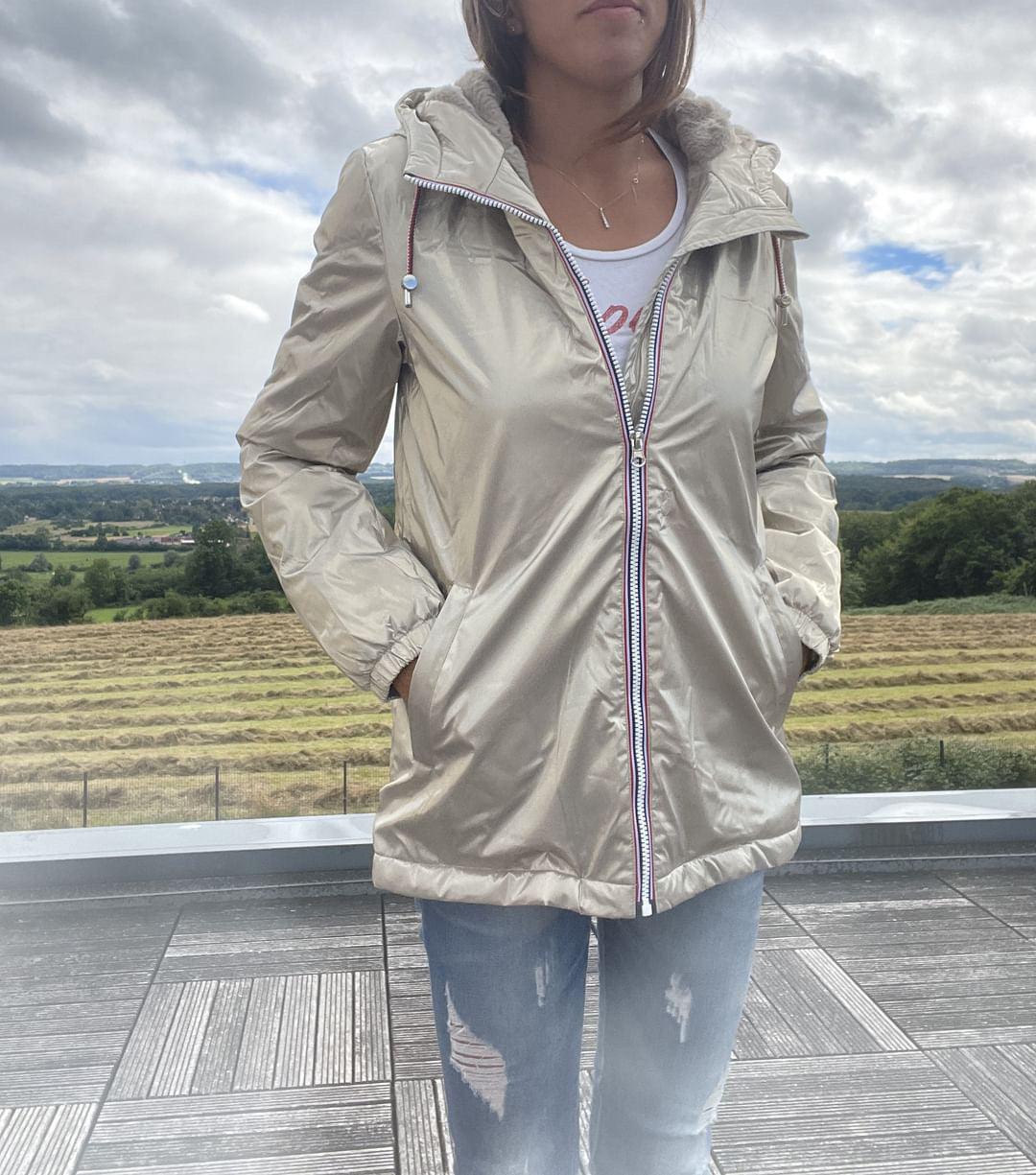Laura Jo - Imperméable mi long doublé en fausse fourrure cordon tricolore couleur doré