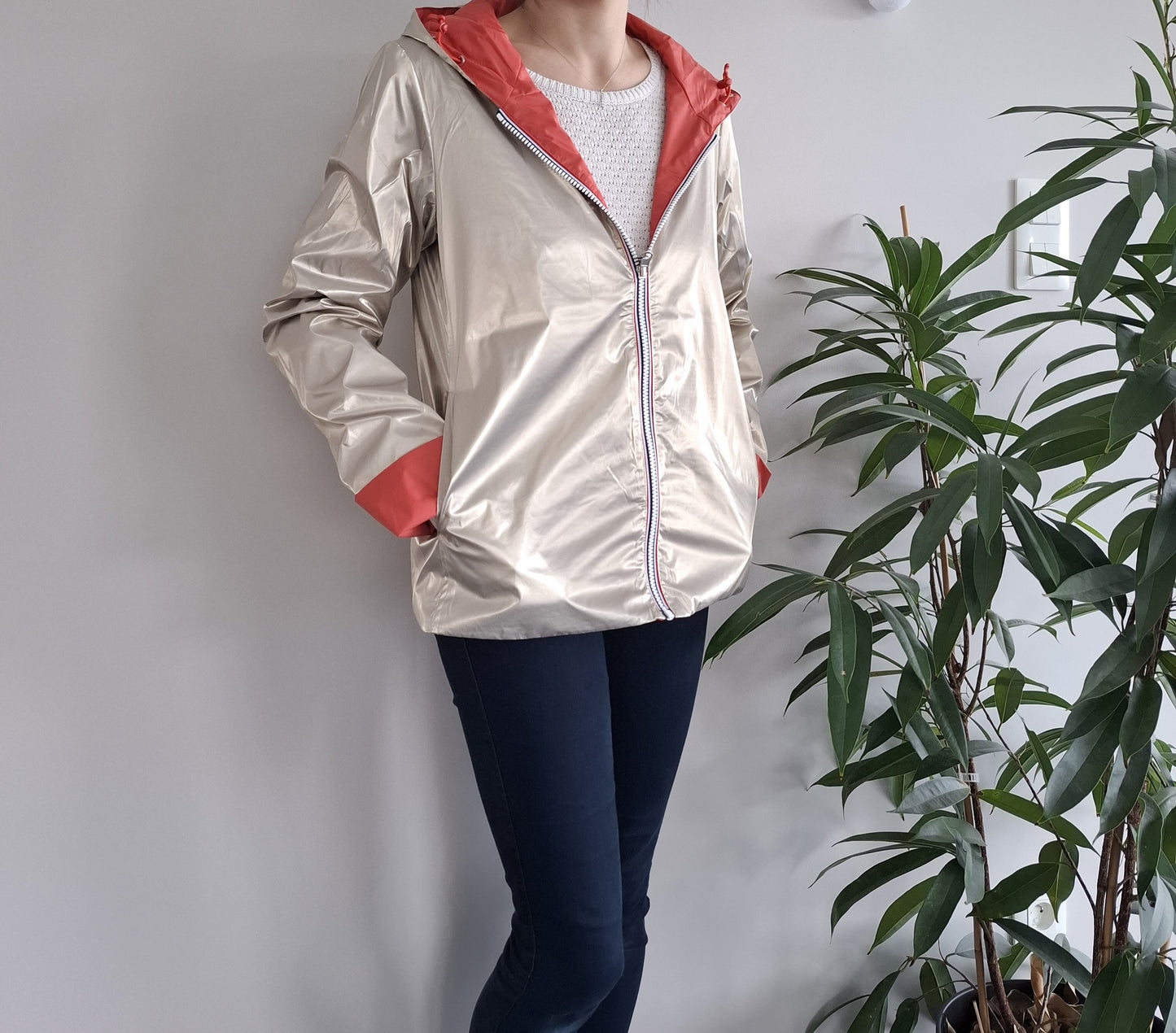 Laura Jo - Imperméable réversible court sans garnissage ouate couleur corail/doré