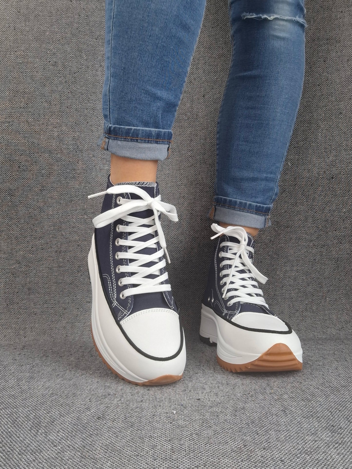 Chaussures baskets haute plate-forme toile bleu marine et blanc
