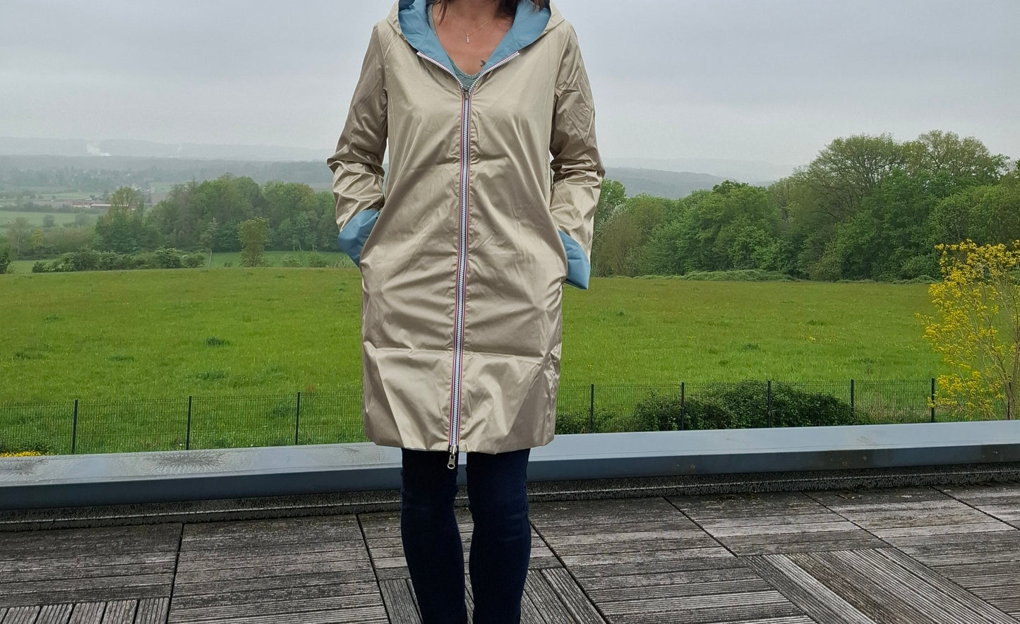 Laura Jo - Imperméable réversible long sans garnissage ouate couleur bleu ciel/doré
