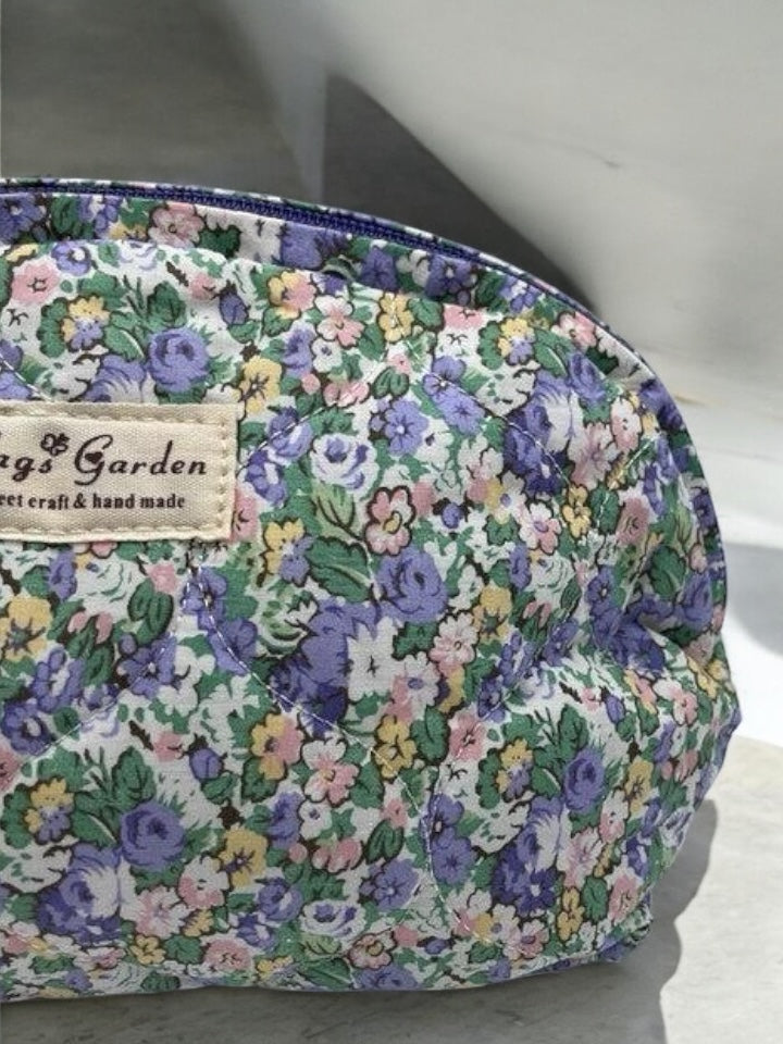 Trousse de toilette maquillage coton matelassé liberty violet parme et vert