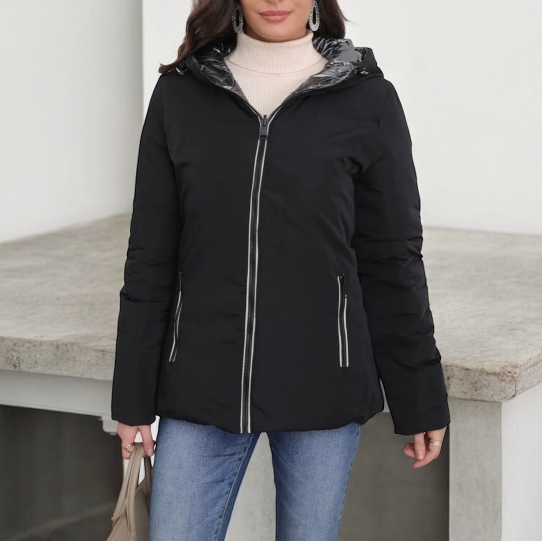 Melya Melody - Manteau court noir réversible et imperméable matelassé argenté brillant