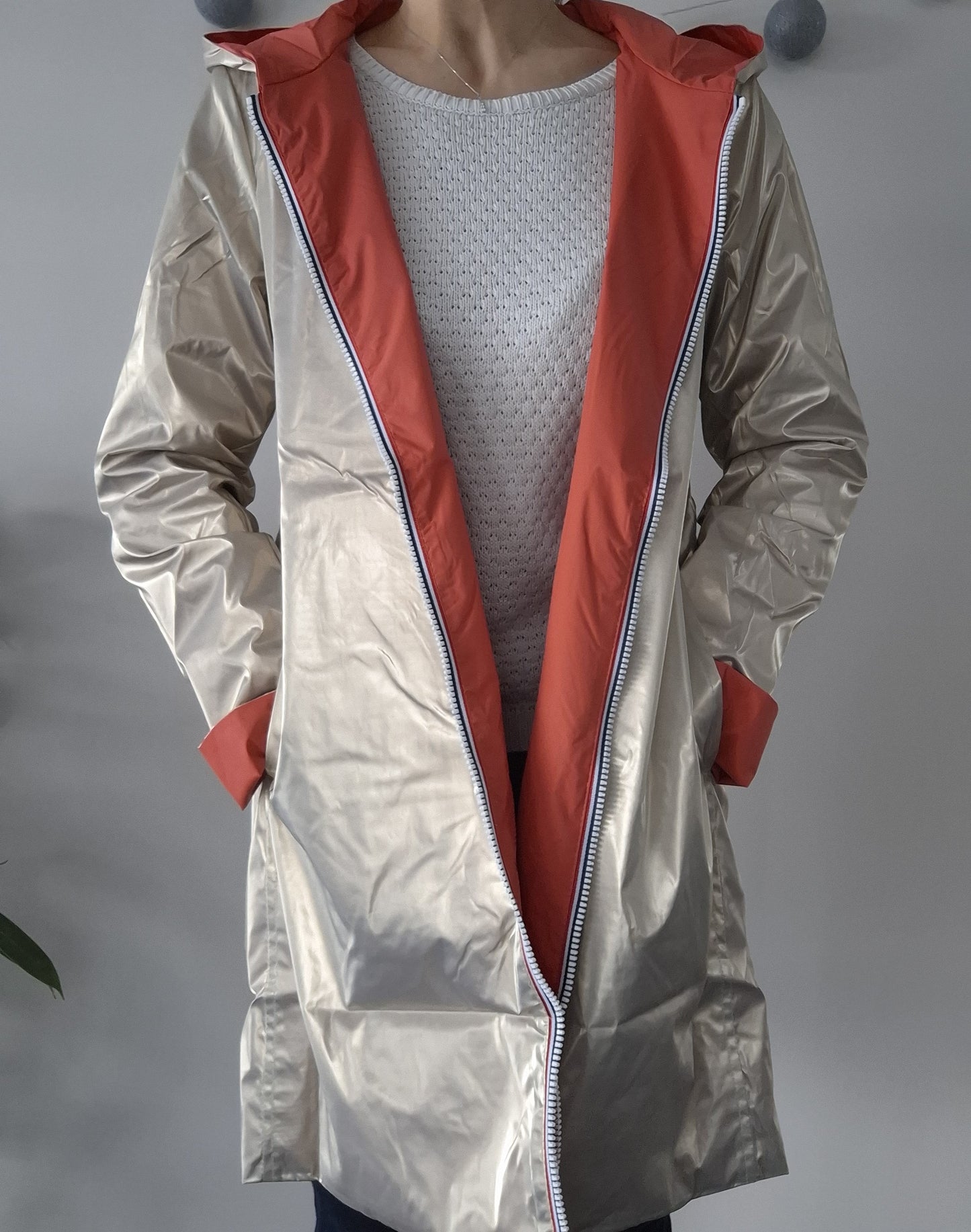 Laura Jo - Imperméable réversible long sans garnissage ouate couleur corail/doré