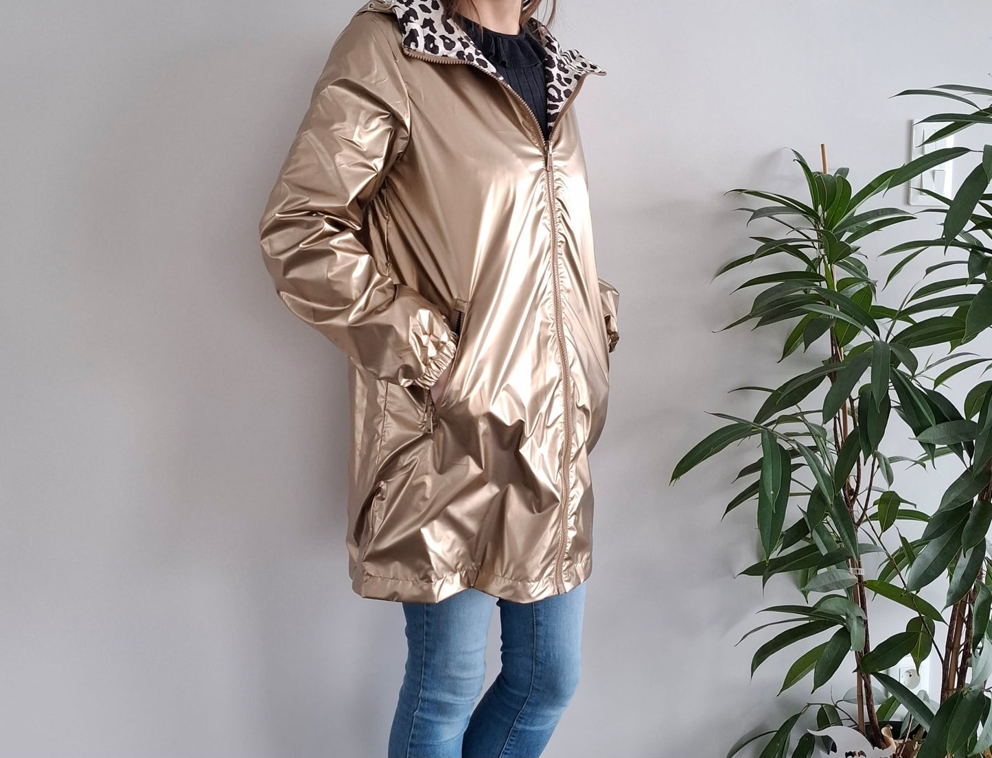 Attrait Paris - Manteau long sans ouate imperméable doré réversible avec motif léopard avec capuche